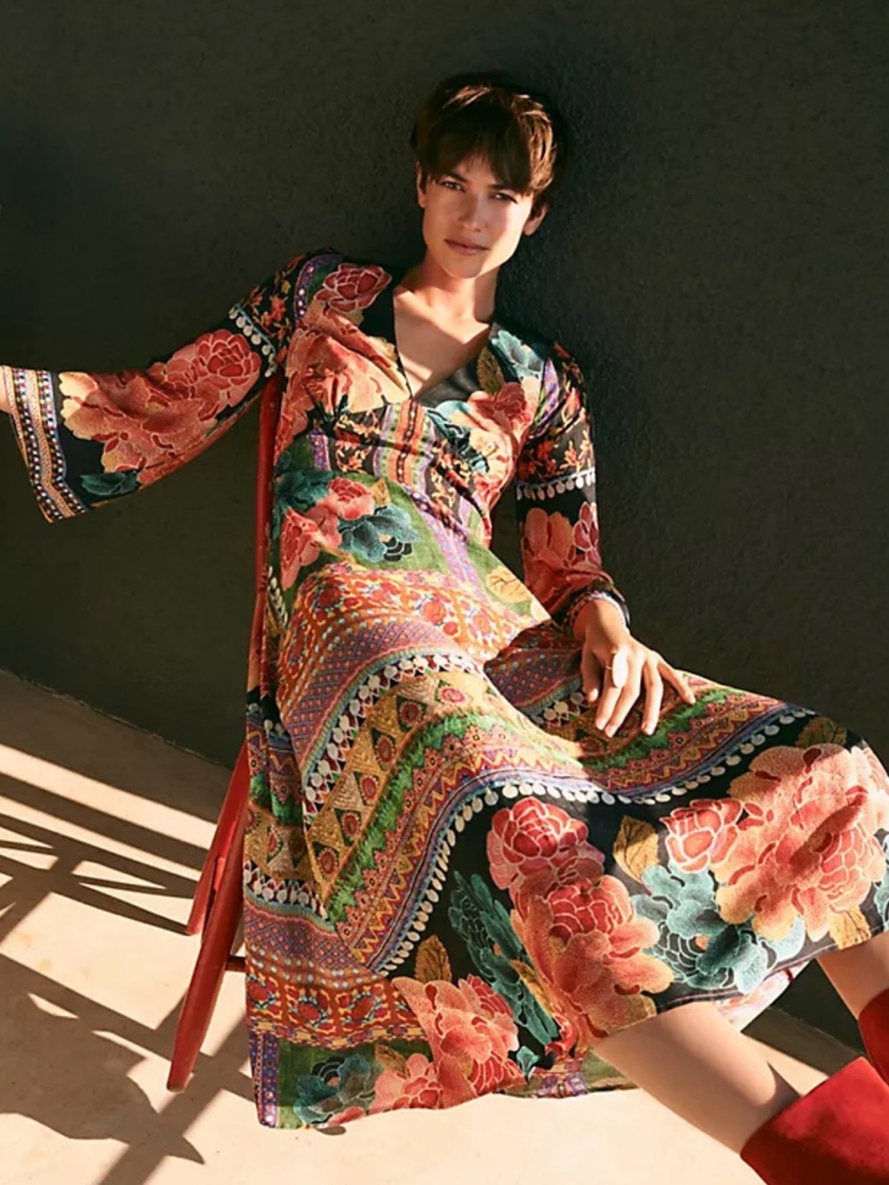 FARM RIO anthropologie Boho Floral Maxi Dress in Coral & Green